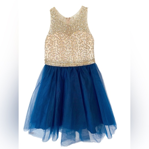 Calla Collection Navy & Gold Tween Special Occasion Dress | Beaded Tulle Skirt - Picture 3 of 3